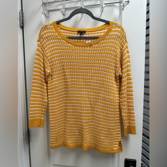 NWT Talbots Women’s MIXED YARN SWEATER - JUNGLE STRIPE yellow white SZ XS - Picture 2 of 4